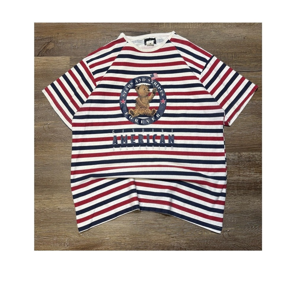 Vintage Chic American Collection Striped Teddy Bear T Shirt Mens Large USA Made